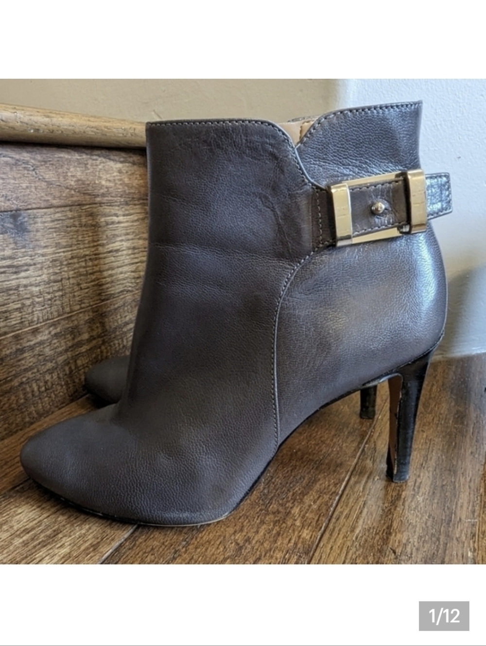 Nine West Palafox gray stiletto heel ankle boot, Size 5.5
